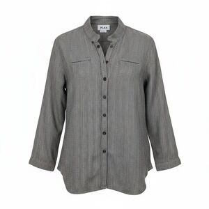 FLAX Linen Button Down Shirt M Black White Herringbone Mandarin Collar Lagenlook